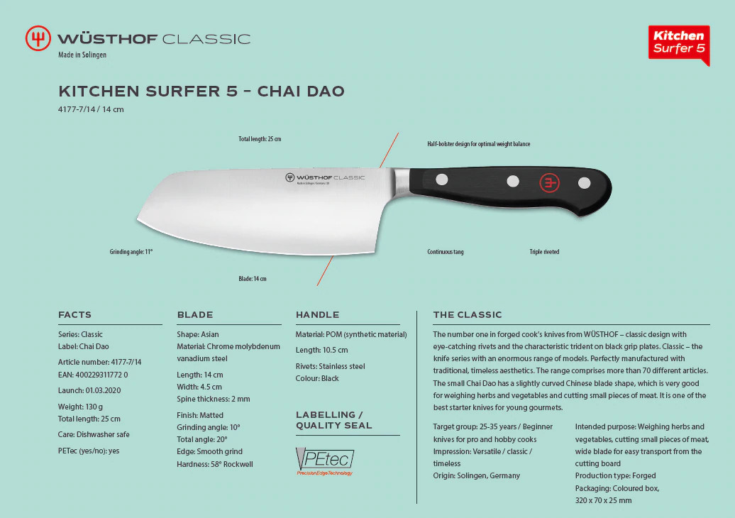 Chai Dao WUSTHOF Classic Mẫu Dao Chuyên Thái Thép Rèn Nguyên Khối Lưỡi Không Gỉ 14cm Tay Cầm Nhựa POM Cao Cấp - Sản xuất tại Solingen Đức