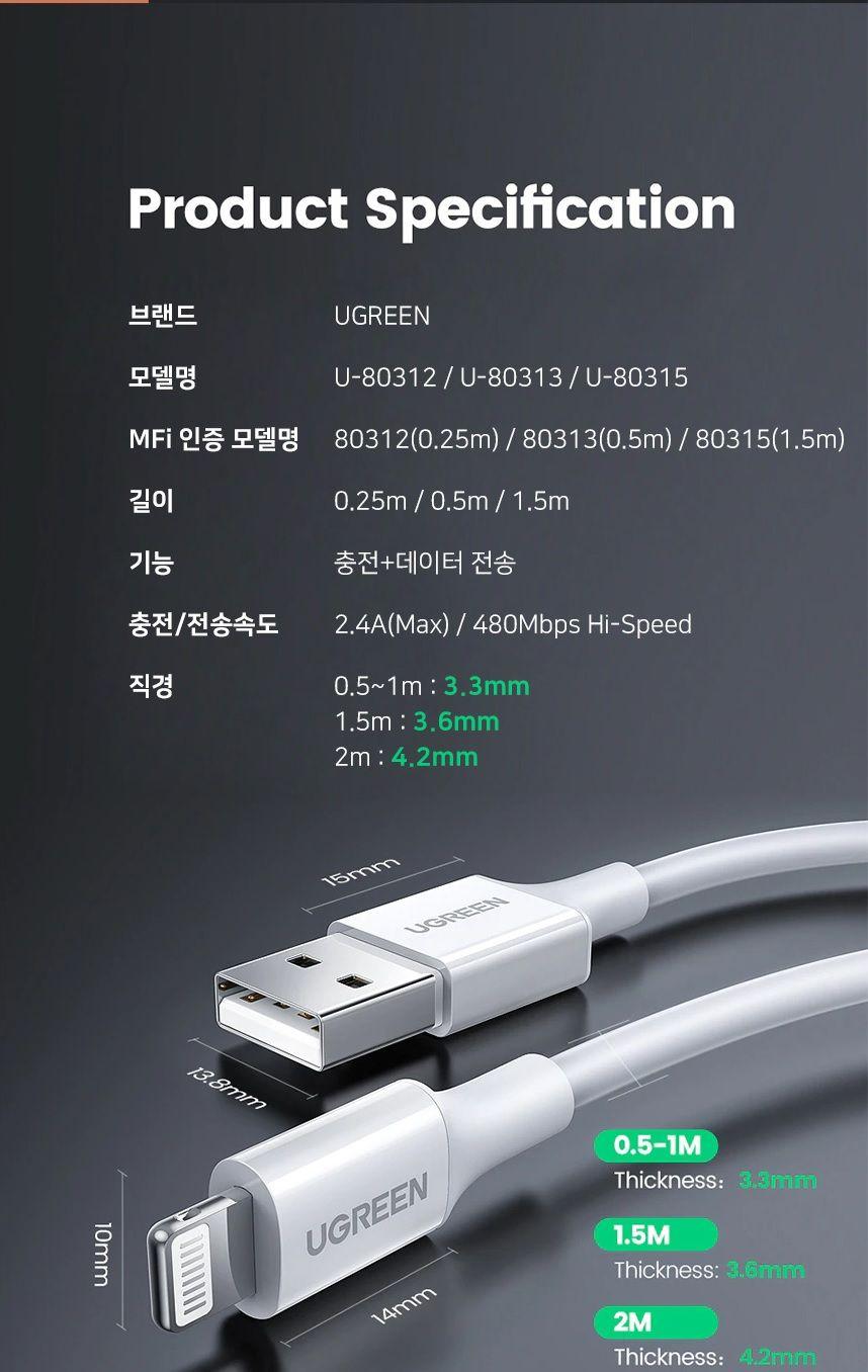 Ugreen UG80315US155TK 1.5M có chip MFI màu trắng Cáp sạc và truyền dữ liệu USB sang lightning - HÀNG CHÍNH HÃNG