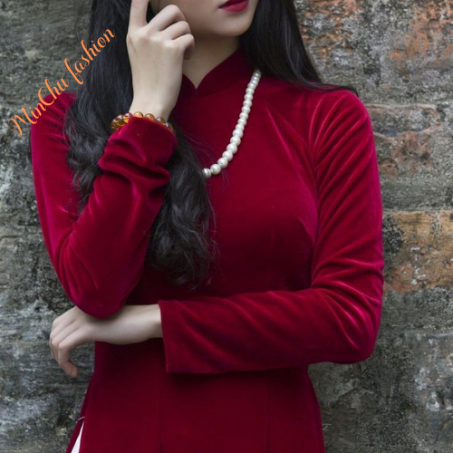 Áo dài nhung đỏ đô phong cách sang trọng quý phái- Áo dài Vân Khôi