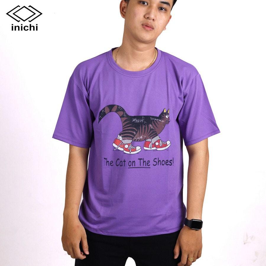 Áo thun INICHI unisex tay lỡ form rộng phong cách, in hình chú mèo ngố mang giày - IC651