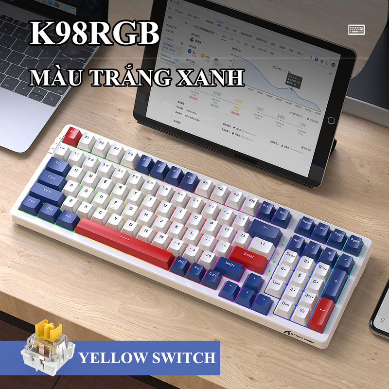 Bàn phím cơ CÓ DÂY Attack Shark K98RGB sử dụng Yellow Switch có hotswap với thiết kế phím full size 100 phím kèm theo 18 chế độ led RGB cực đẹp - Hàng Chính Hãng