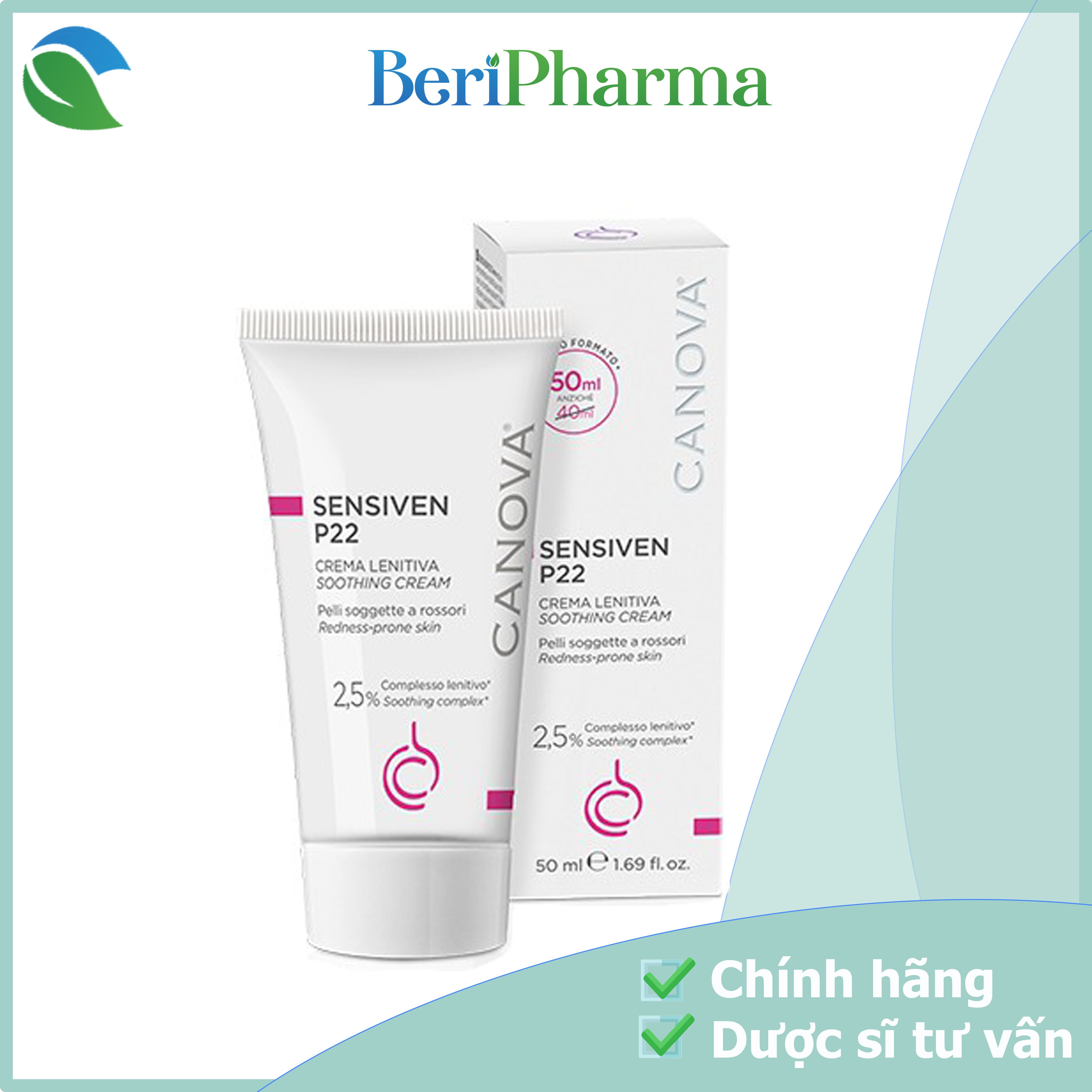 Canova Kem Làm Dịu Da, Dưỡng Ẩm Dành Cho Da Nhạy Cảm Sensiven P22 – Soothing Cream 50ml