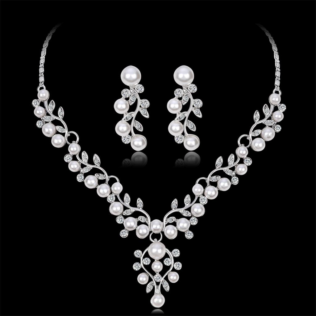 Crystal Rhinestone Pearl Flower Leaf Necklace Earrings Set Wedding Jewelry