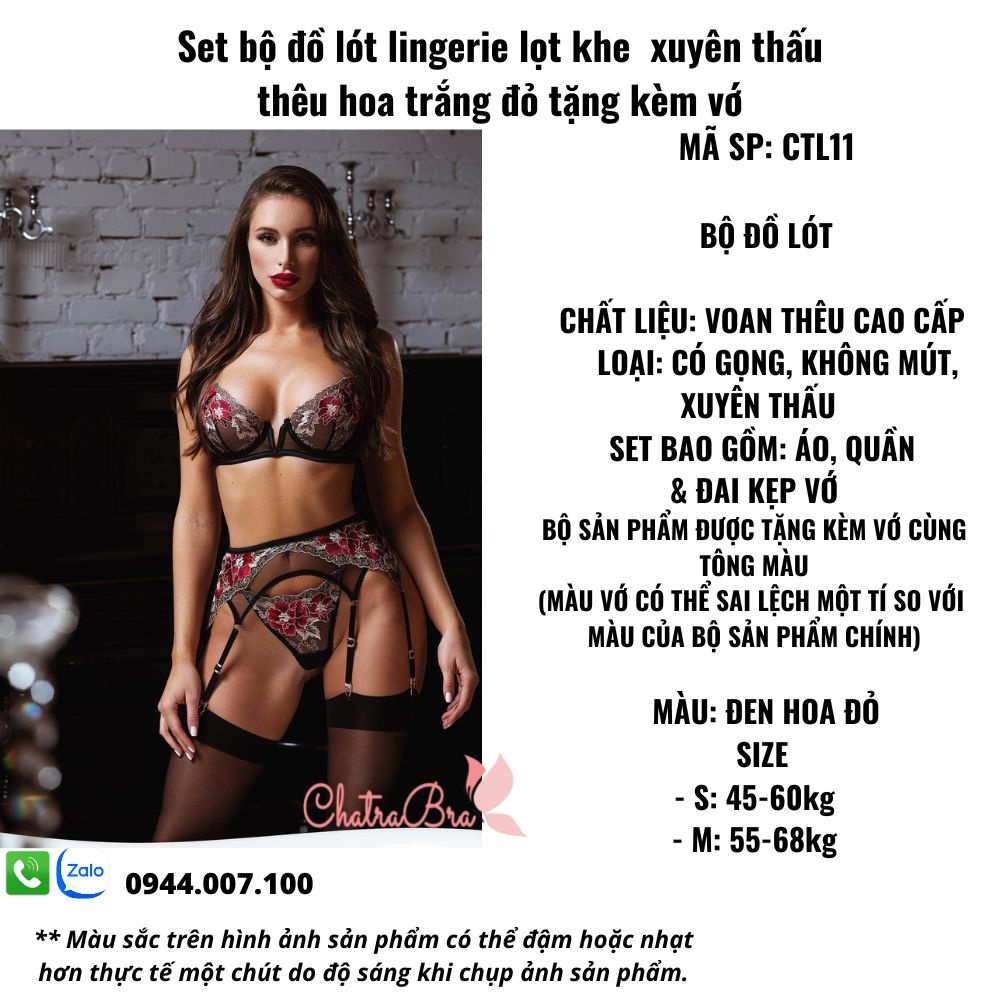 Set bộ đồ lót lingerie lọt khe xuyên thấu thêu hoa trắng đỏ tặng kèm vớ