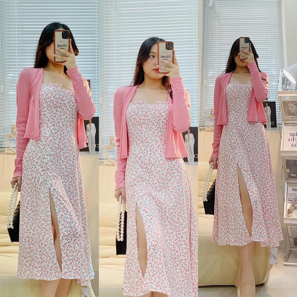 Set đầm 2 dây hoa nhí maxi xẻ đùi kèm áo khoác mỏng cardigan