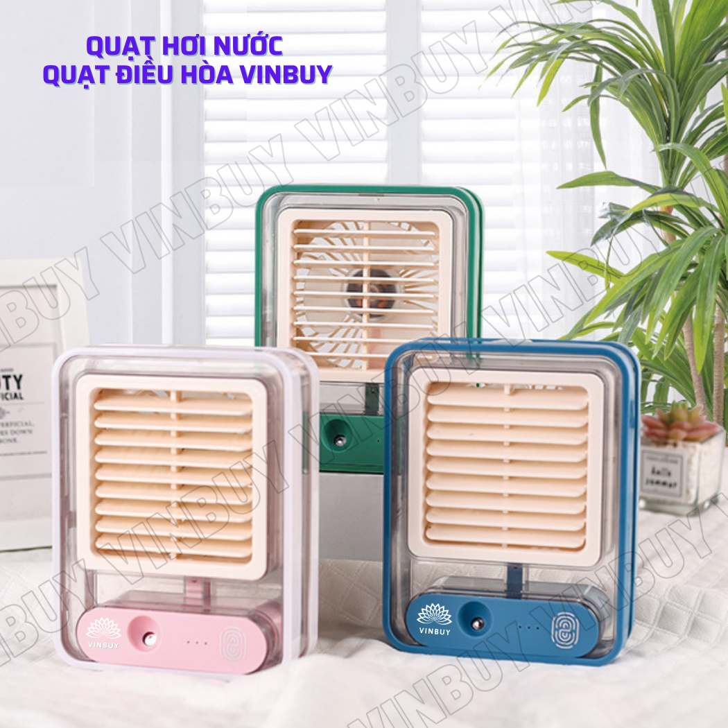 Quạt điều hòa hơi nước mini làm mát không khí để bàn nhỏ gọn, phun sương mạnh nhiều chế độ có bình đựng nước, nốt chạm cảm ứng, pin sạc tích điện, có đèn - Hàng chính hãng VinBuy