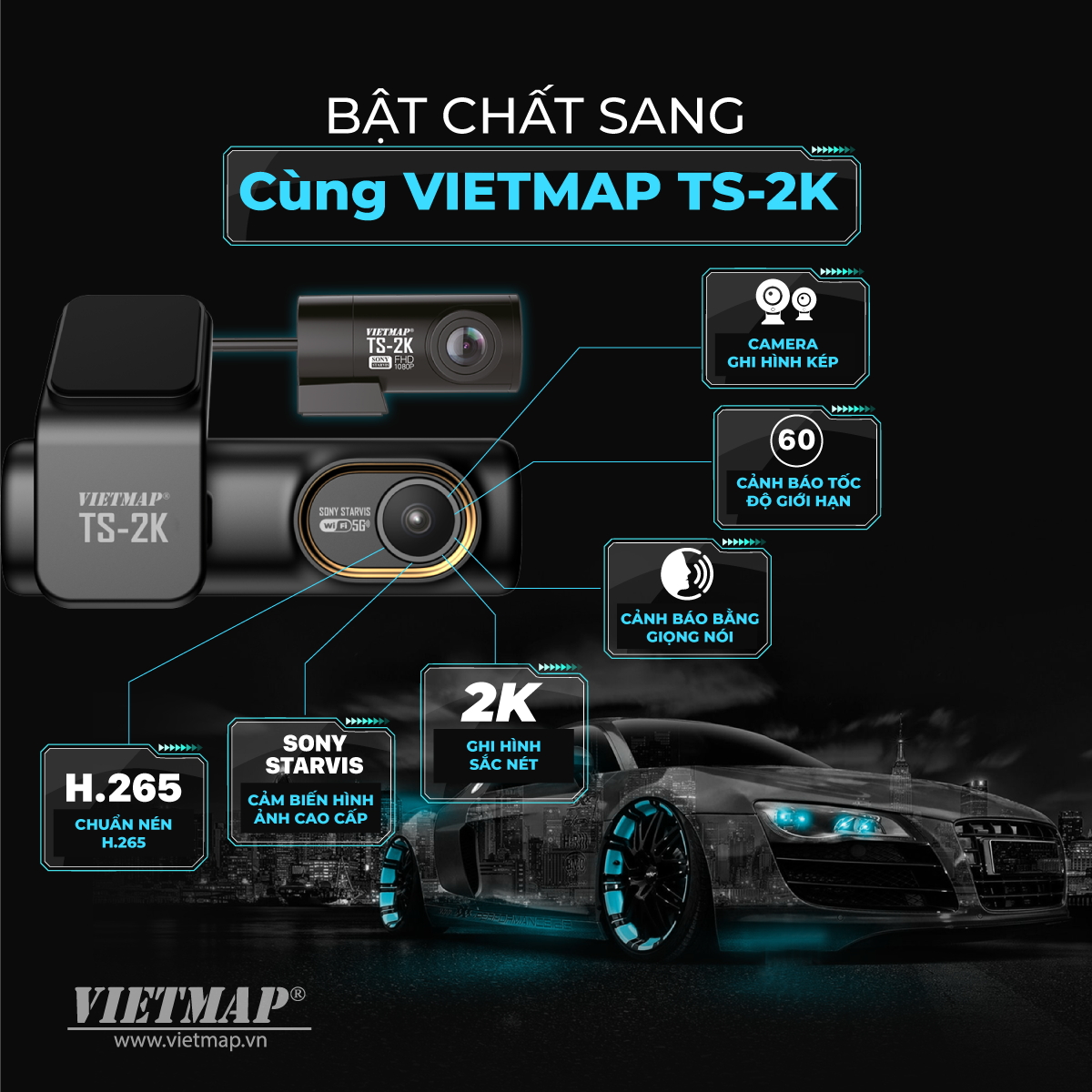 Vietmap TS-2K - Camera hành trình Cảnh báo biển báo dành cho ô tô  / Camera giao thông bằng giọng nói - Hàng Chính Hãng