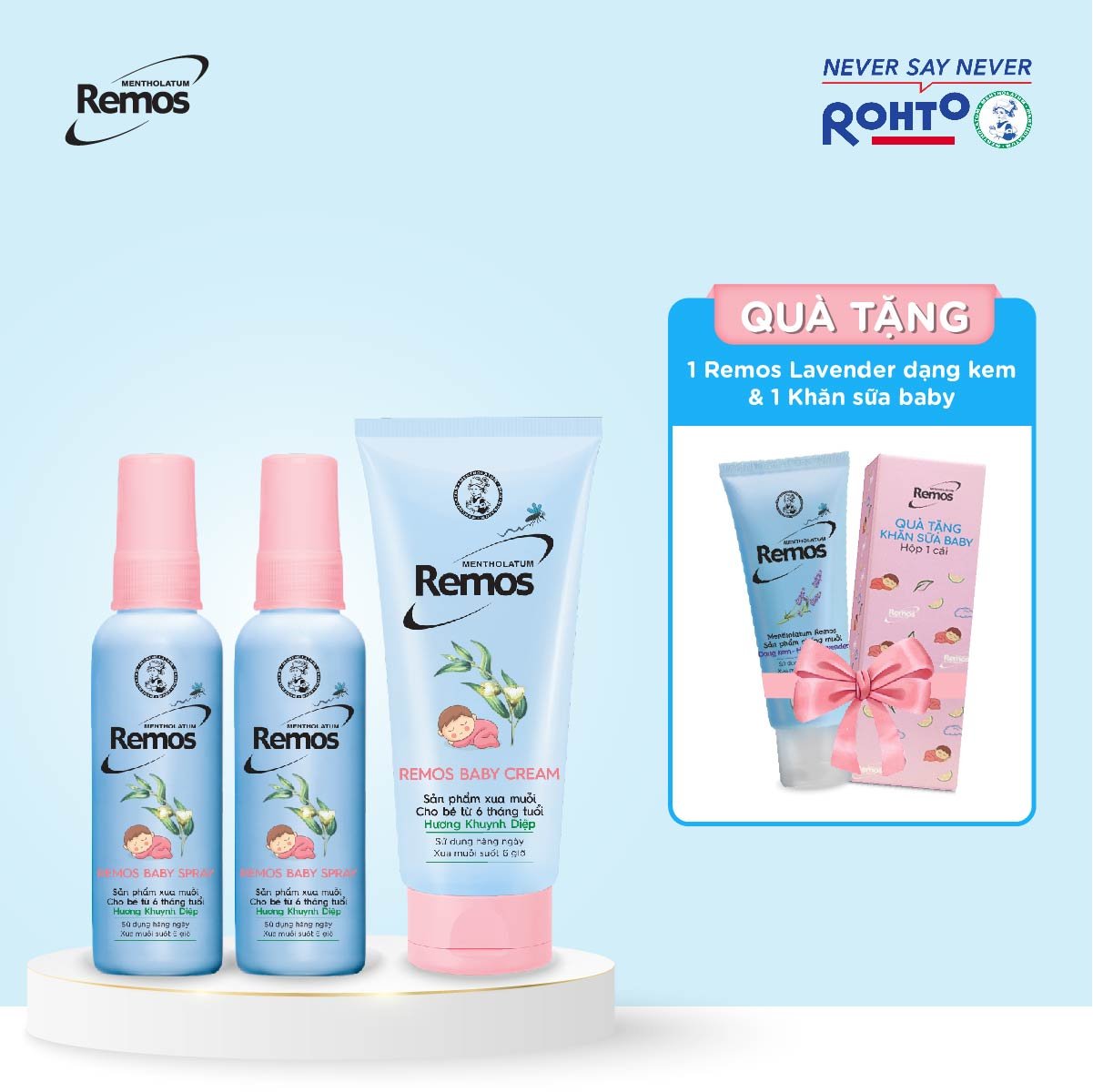 Bộ sản phẩm chống muỗi Remos cho bé từ 6 tháng tuổi (Xịt phun sương Remos Baby Spray 60ml x 2 + Kem chống muỗi Remos Baby Cream 70g x 1) + Tặng 1 Kem chống muỗi Remos hương Lavender 70g &amp; Khăn sữa cho em bé