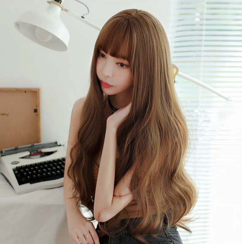 Tóc giả nữ nguyên đầu xoăn dài, tóc giả bộ cả đầu mái thưa