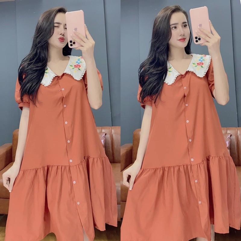 Đầm cổ thêu hoa tay phồng dễ thương