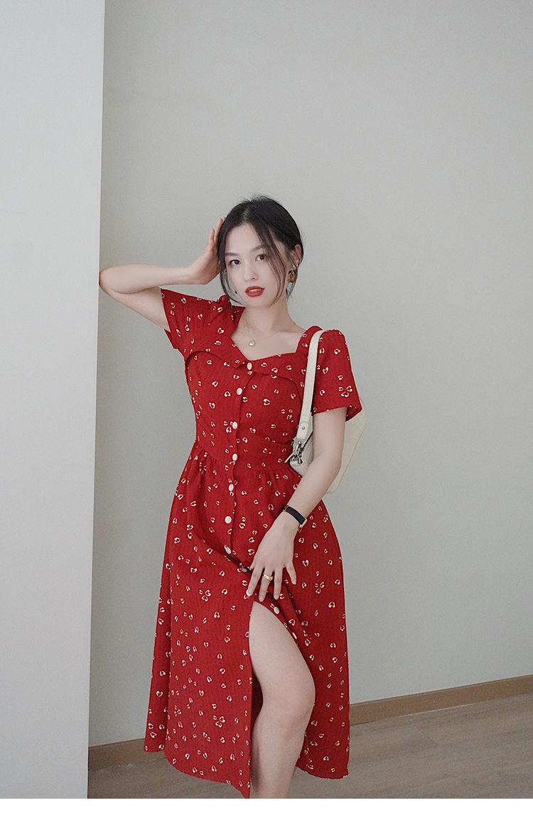 DONGSHOP 2023 mùa hè retro màu đỏ đầm nữ tính trà nghỉ váy cao cấp thắt lưng che thịt hiển thị gầy trung bình dài