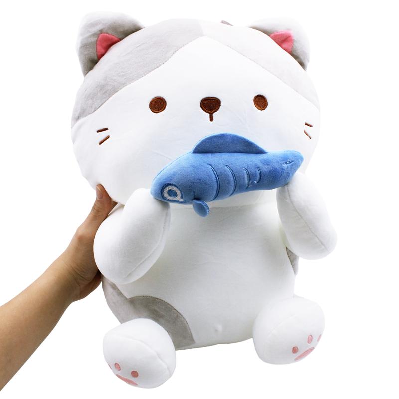 Thú Bông Mèo Trắng Xám Ôm Cá 45 cm - ZooZoo 45340