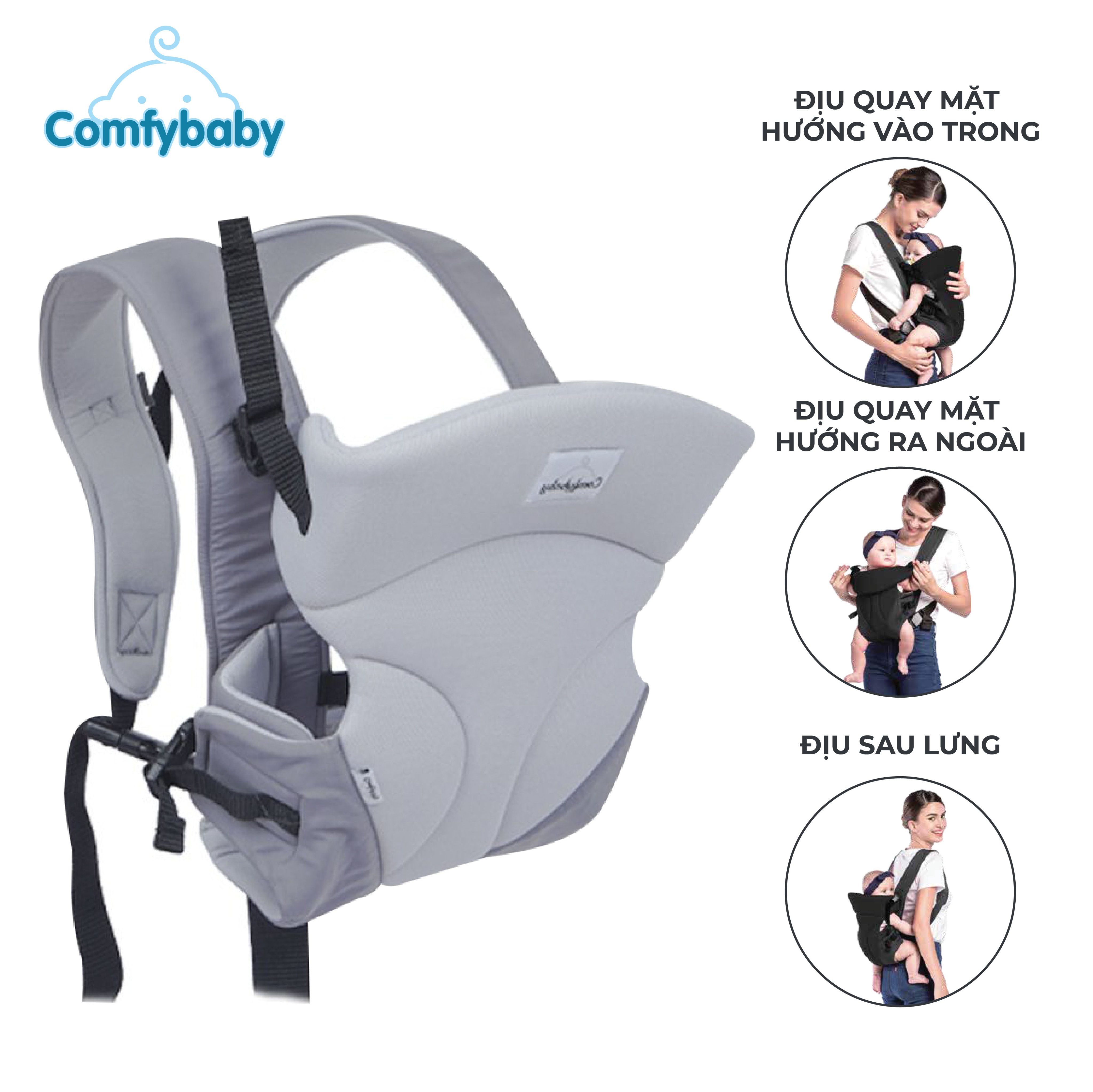 Địu em bé 3 tư thế có đỡ cổ sơ sinh - thoáng khí chống gù cho bé ComfyBaby CF-BK010