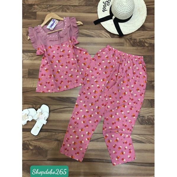 Đồ bộ nữ,đồ ngủ mặc nhà vải lụa phối tằm ý họa tiết hoa nhí quần dài cổ kết cườm dễ thương size 47-60kg.