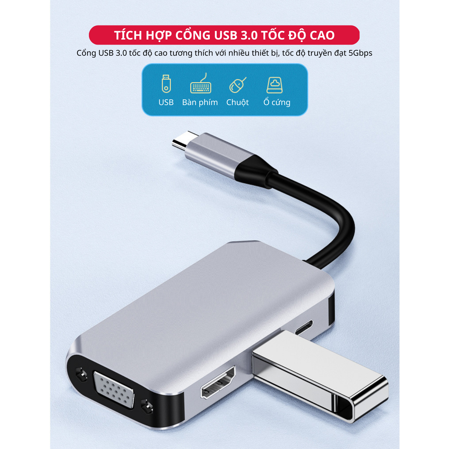 Hub Chuyển Đổi Type-C Chia 4 Cổng (4 in 1) HDMI/VGA/PD 2.0/USB 3.0 - Hàng Chính Hãng Tamayoko