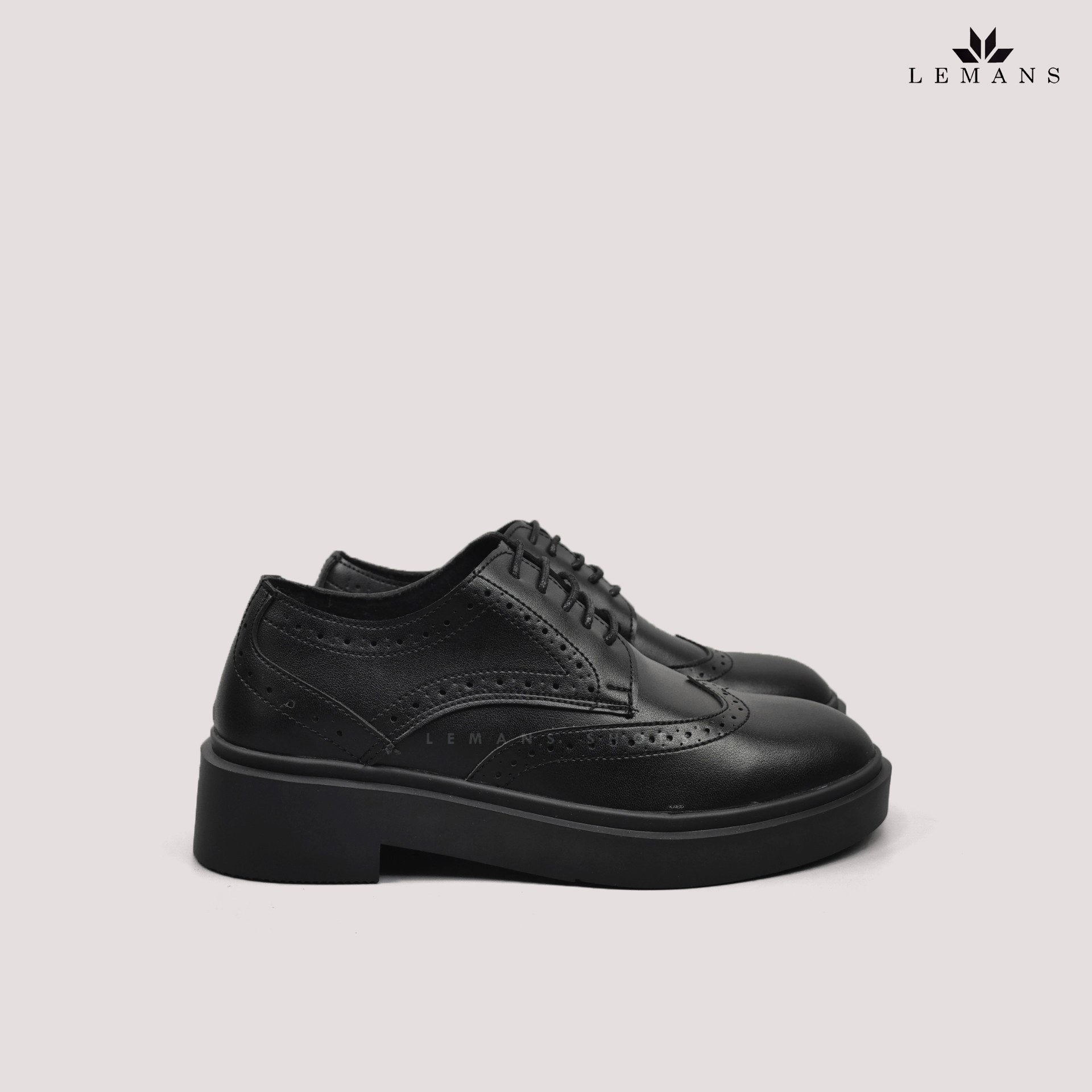 Giày da bò Derby Wingtip LEMANS Black, đế tăng cao lemans 4cm, hoạt tiết cánh bướm, Bảo Hành 12-24 Tháng