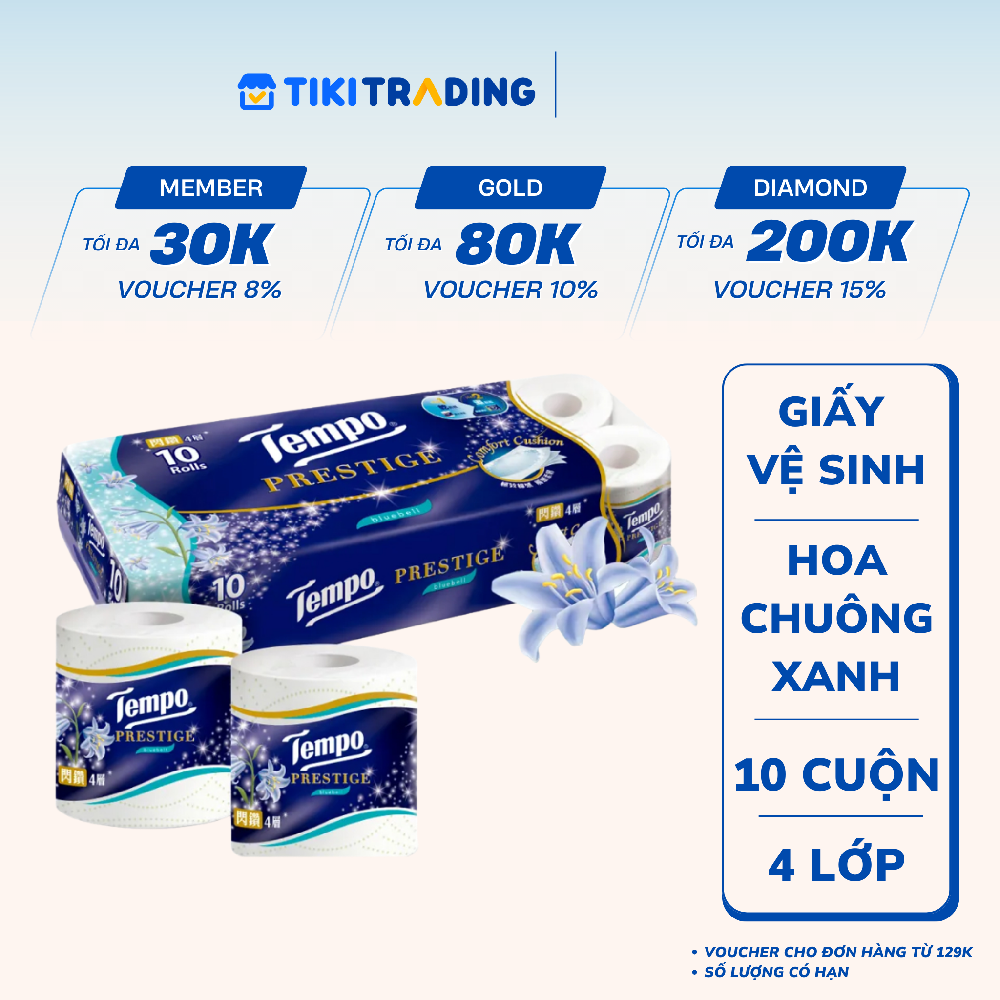 Lốc 10 Cuộn Giấy Vệ Sinh Tempo Prestige - Hoa Chuông Xanh