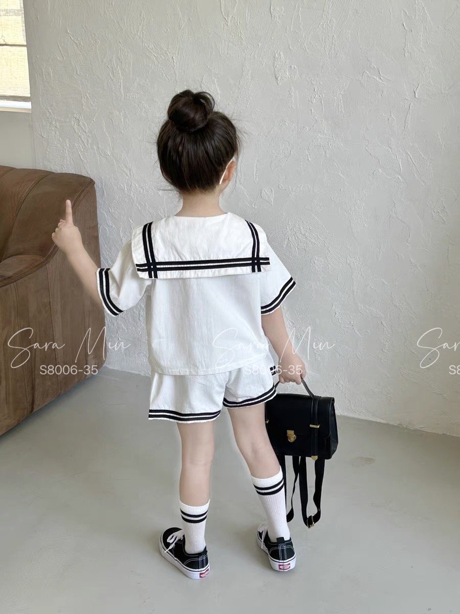 [Từ 1 đến 12 tuổi] Set bộ trắng Hải quân thô cotton mềm mịn hút mồ hôi đi học đi chơi