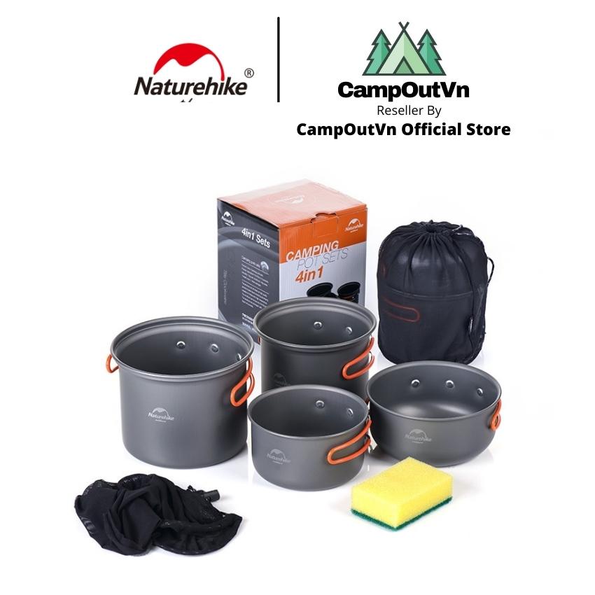 Đồ cắm trại bộ nồi nấu ăn Naturehike 4 món mini nhôm xếp gọn du lịch dã ngoại cắm trại A431