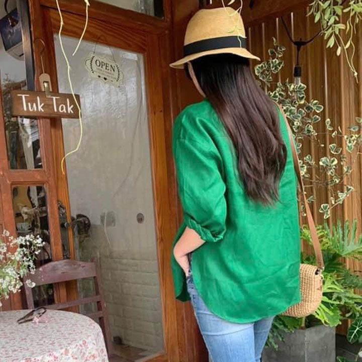 Áo sơ mi nữ Linen bột Premium rớt vai form rộng trẻ trung - Xanh lá thẫm