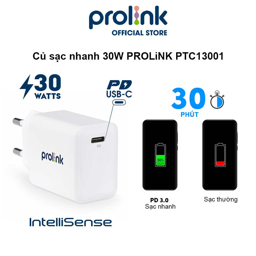 Củ sạc nhanh 30W PROLiNK PTC13001, 1 cổng USB-C, IntelliSense, PD 3.0, sạc siêu nhanh cho điện thoại, máy tính bảng - Hàng chính hãng