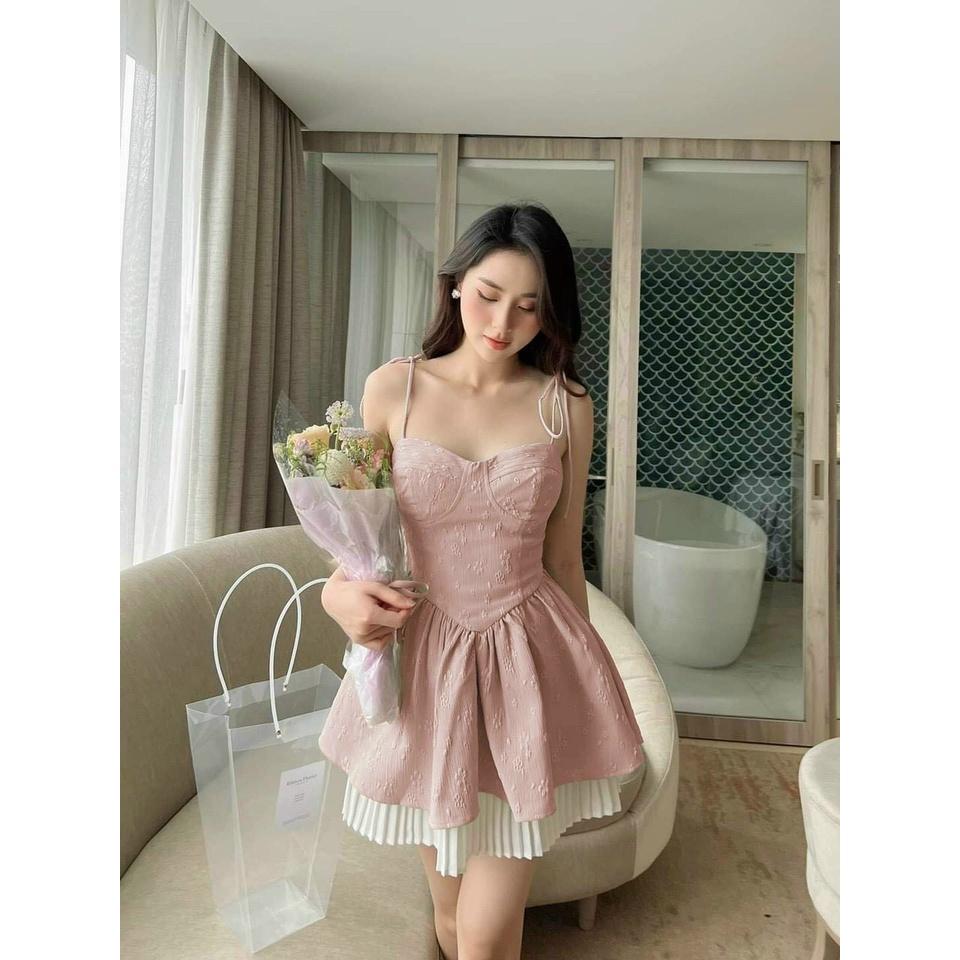 SET 2 MÓN ÁO 2 DÂY THẮT NƠ DÁNG XÒE THÊU HOA MIX CHÂN VÁY XẾP LY CỰC KỲ DỄ THƯƠNG CHO CÁC NÀNG IU
