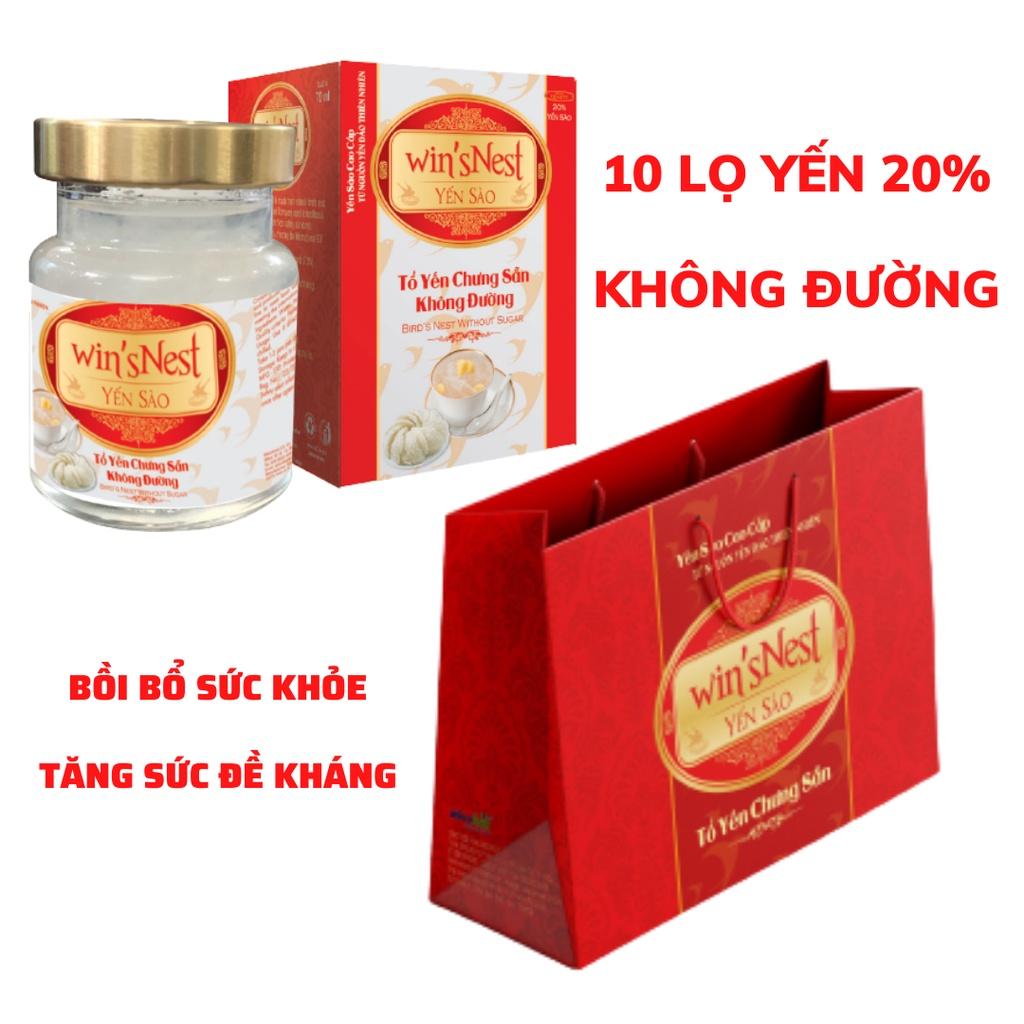 Combo 10 lọ Yến Sào cao cấp win'snest Tổ Yến Chưng Sẵn Không Đường 20% (70 ml/ lọ) kèm túi xách