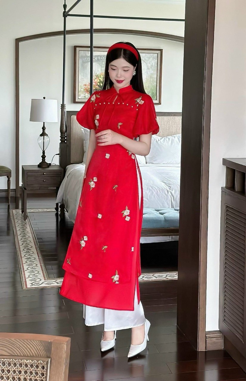 ÁO DÀI THÊU HOA VOAN VÀ QUẦN DÀI TRẮNG