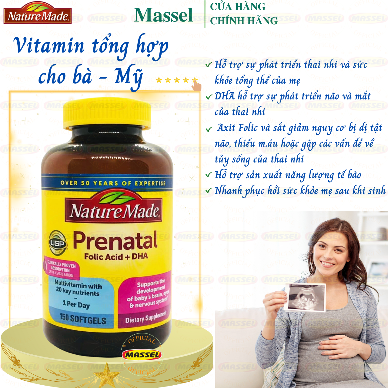 Vitamin cho bà bầu Prenatal Folic Acid+ DHA Nature Made giàu dinh dưỡng giúp mẹ khỏe, bé khỏe - Massel Official