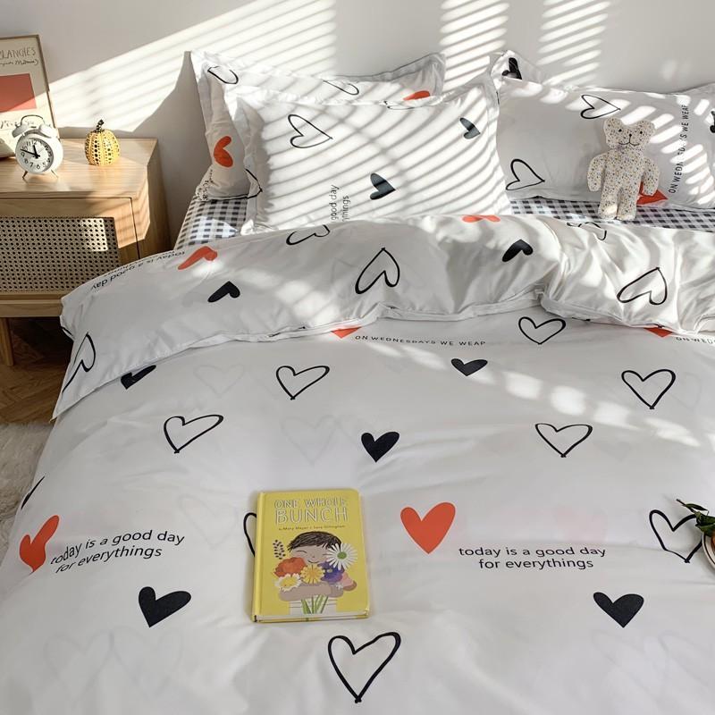 Bộ Chăn Ga Gối Poly Cotton Tim Trắng Caro