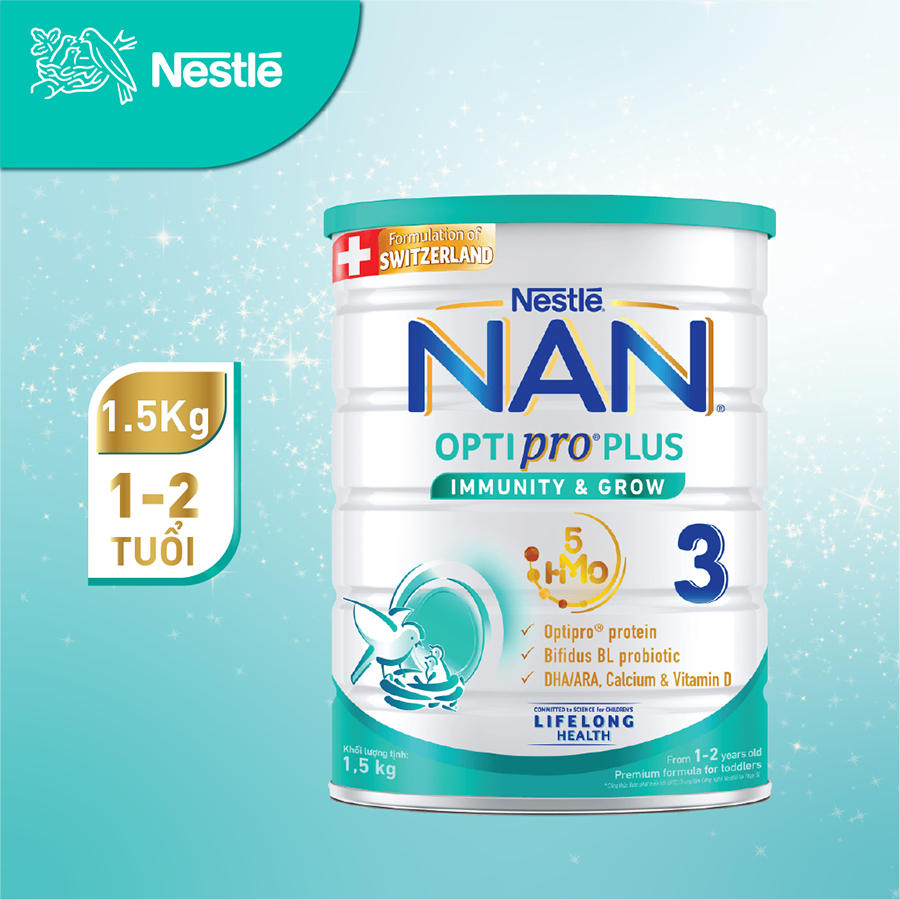 Sữa bột Nestlé NAN OPTIPRO PLUS 3 1500g/lon với 5HMO (1-2 tuổi)