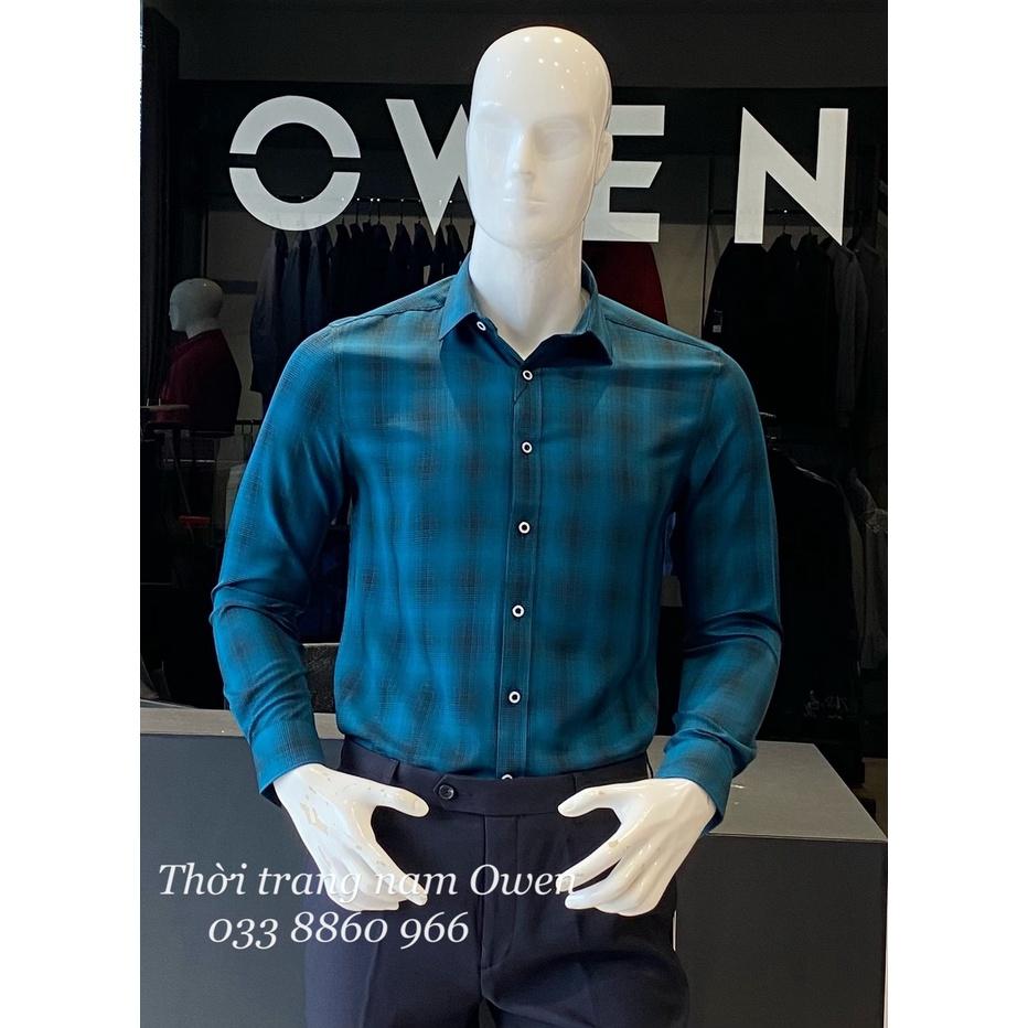 OWEN - Áo sơ mi dài tay Owen Slimfit chất cafe không nhăn kẻ ca rô xanh 23353