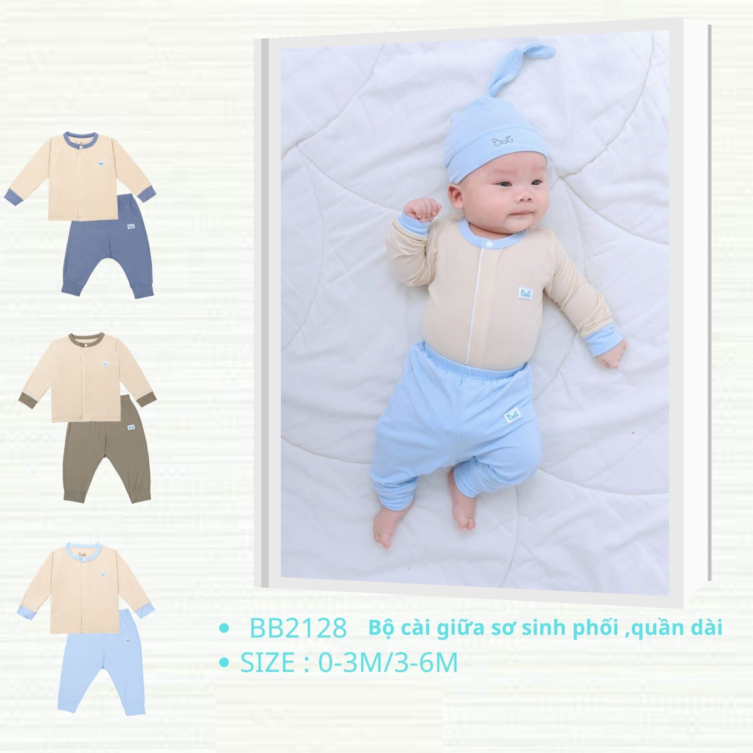 Bộ áo sơ sinh tay dài  BARU cài nút giữa , chất vải 100% cotton mềm mịn cho bé sơ sinh ( 0-6m )