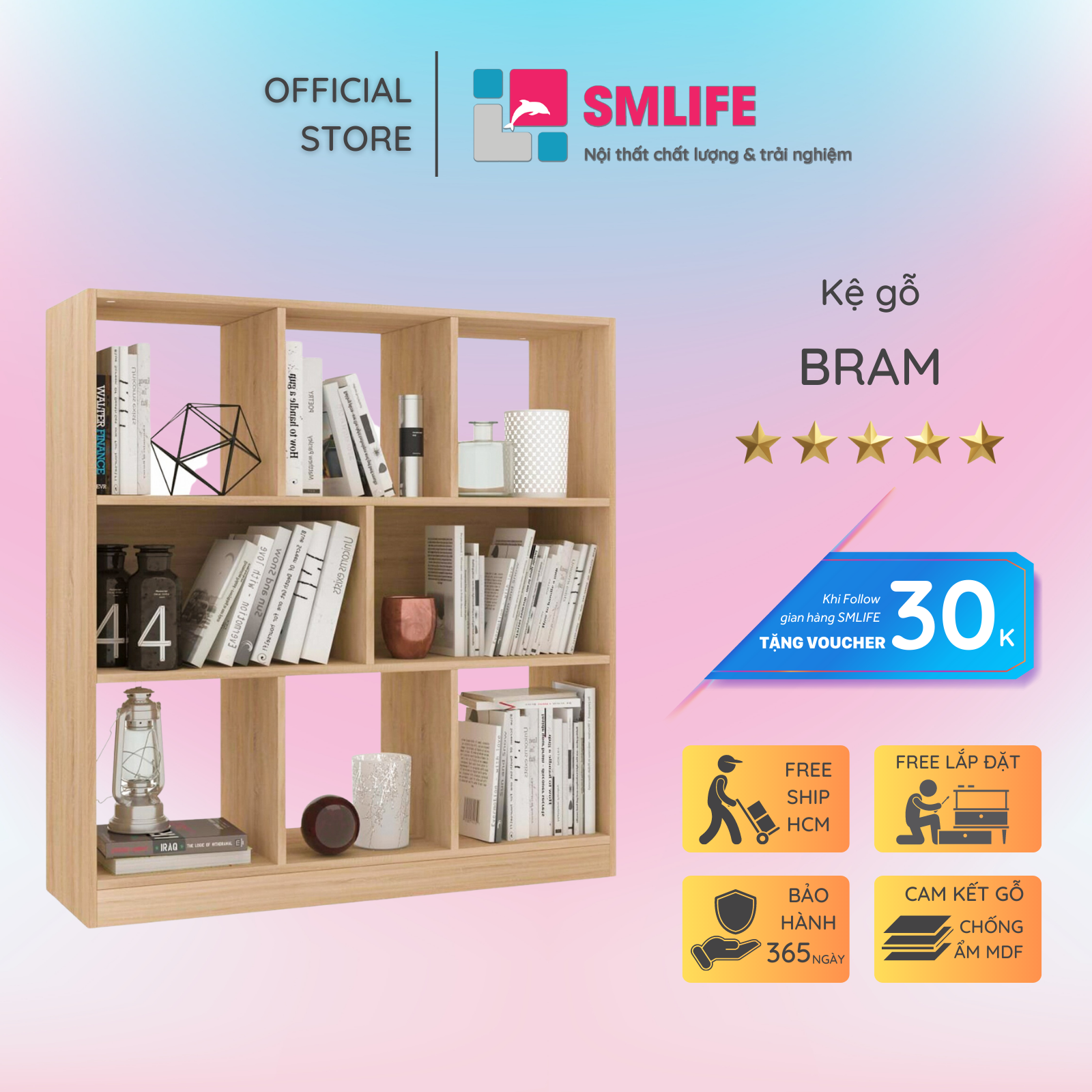Giá sách gỗ nhỏ tiện dụng cho gia đình SMLIFE Bram
