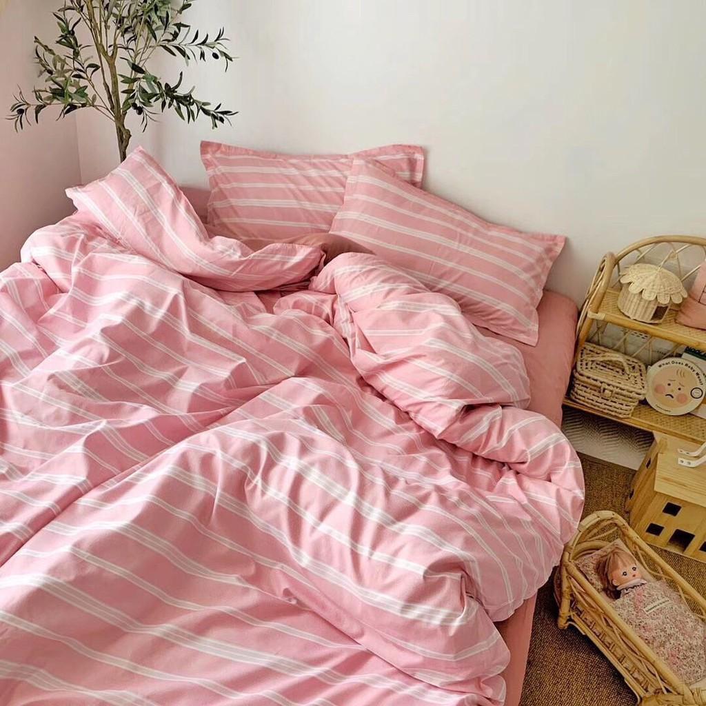 Bộ chăn ga Cotton Poly Hồng kẻ ngang Mẫu mới - Hàng nhập khẩu