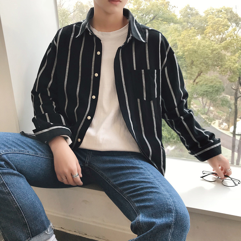 Áo sơ mi nam, họa tiết kẻ sọc, dài tay, tôn dáng, phong cách Hàn Quốc, kiểu dáng đơn giản TA100