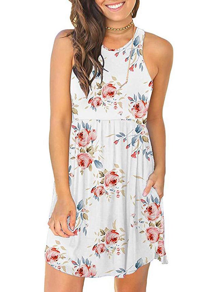 Women Floral Printed Mini Dress with Pockets Sleeveless O-Neck Summer Casual Sundress