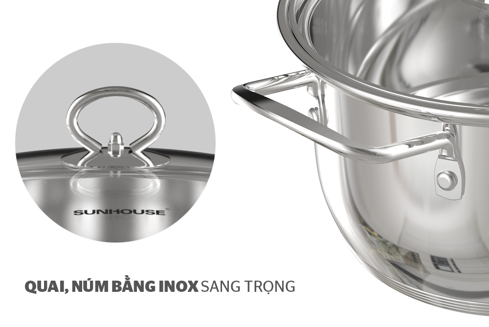Nồi Inox 5 Đáy Sunhouse SHG788 - Sử dụng được mọi loại bếp - Kích thước đa dạng 16cm, 20cm, 24cm