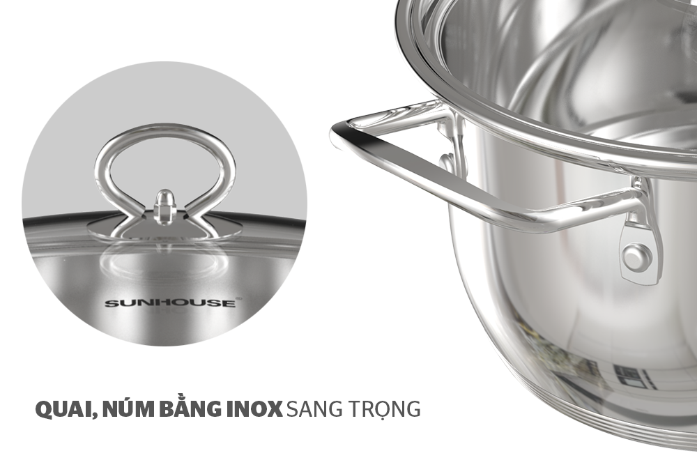 [Hàng Chính Hãng] Nồi Inox 5 Đáy Sunhouse SHG788 - Sử dụng được mọi loại bếp - Kích thước đa dạng 16cm, 20cm, 24cm