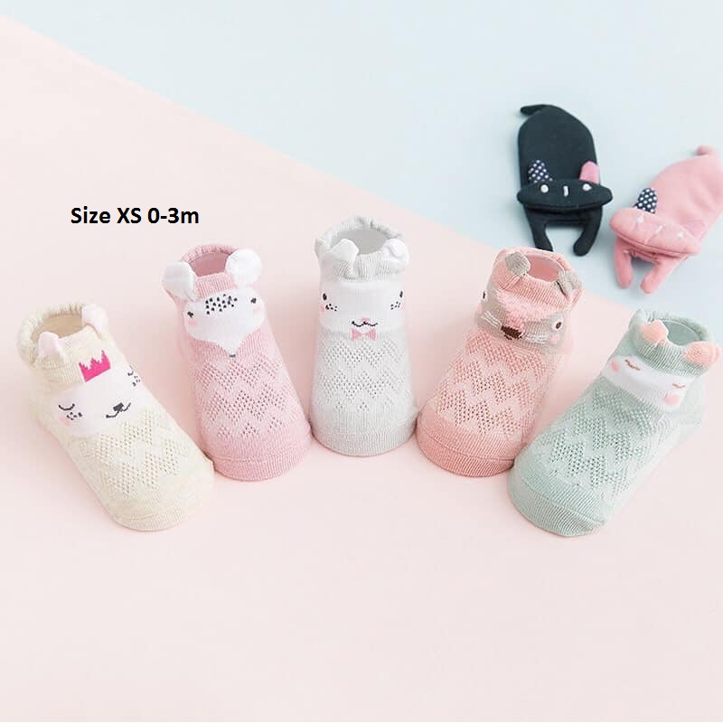 Set 5 đôi tất lưới cổ thấp cho bé 0-2 tuổi chất cotton chống trơn trượt hình thú lạ mắt phối màu xinh xắn – T013 - Bé gái - Size XS 0-3m