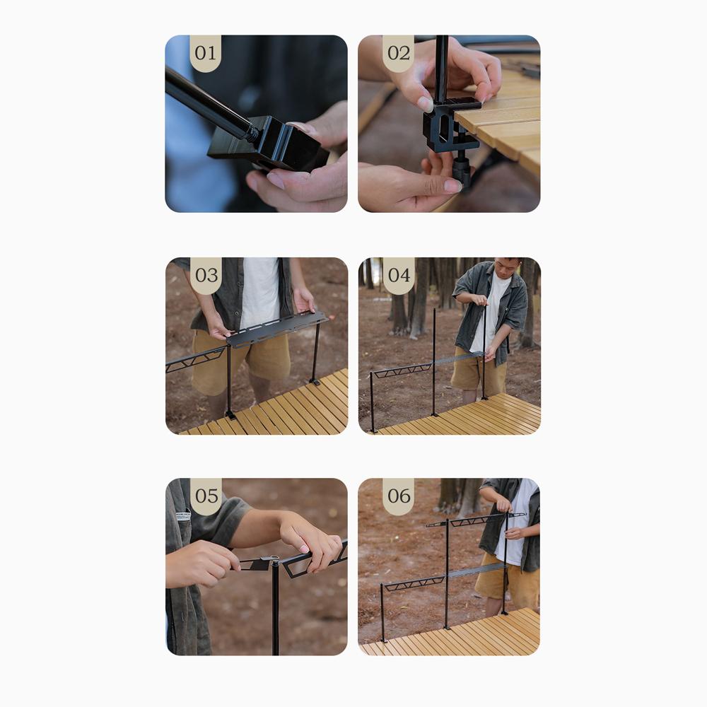 Desk-Mounted Camping Detachable Lamp Holder Practical High Strength Metal Black Outdoor Hiking Storage Rack Light Bracket Drying Rack Hung Shelf With Hook