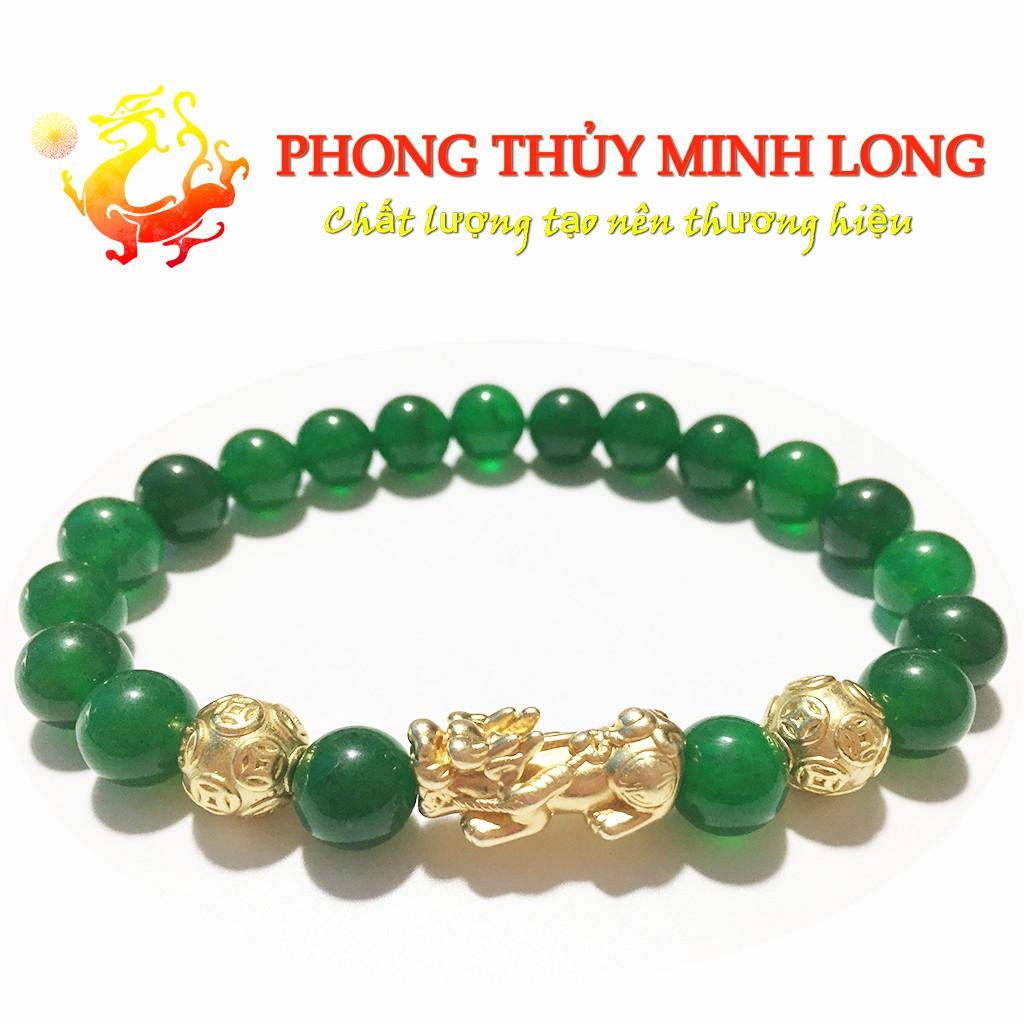 Vòng tay đá Mã Não Xanh 3A mix tỳ hưu và 2 hạt kim tiền Vàng hợp mệnh Hỏa và Mộc