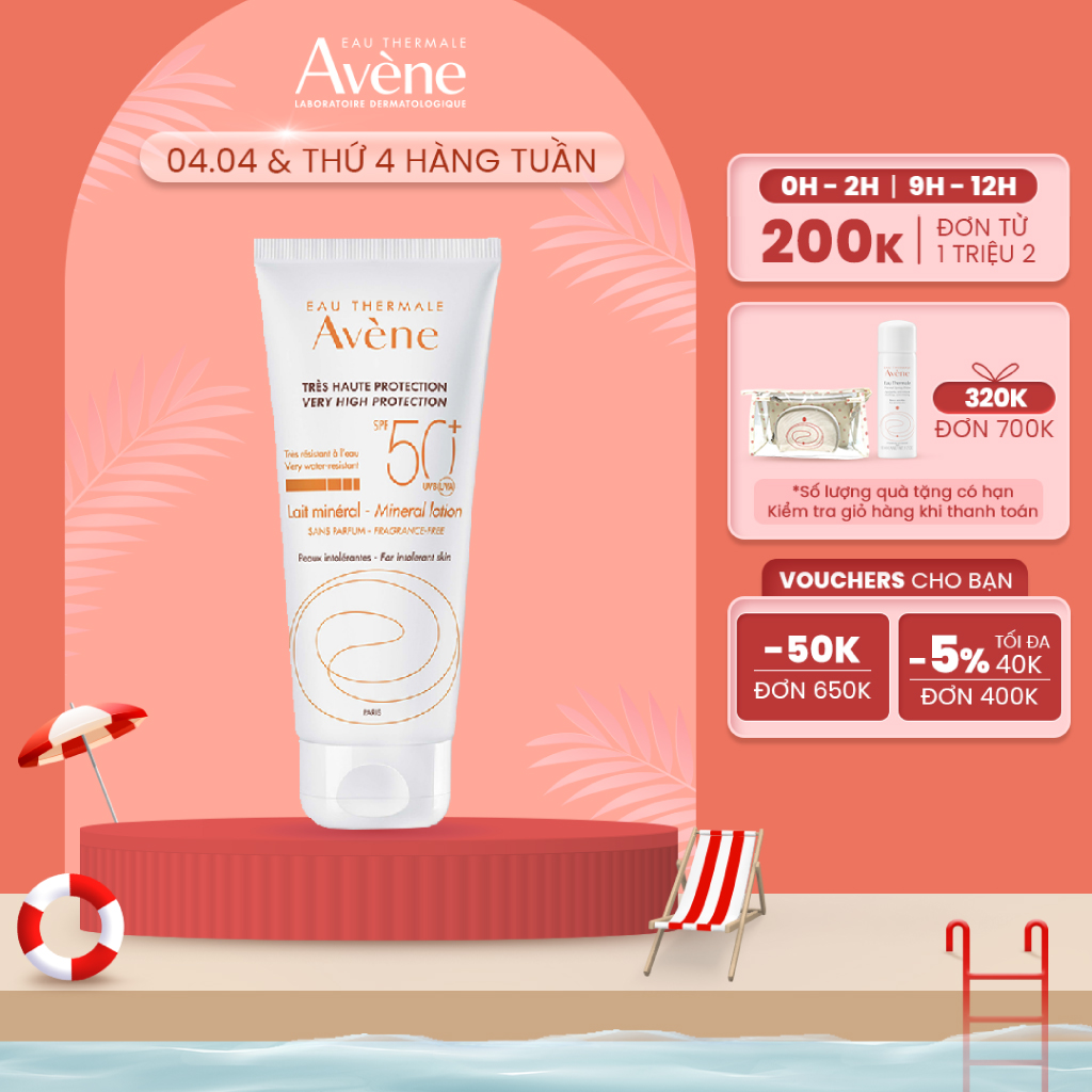 Kem chống nắng vật lý cho da thường nhạy cảm AVÈNE VERY HIGH PROTECTION MINERAL LOTION SPF 50+ 100ml