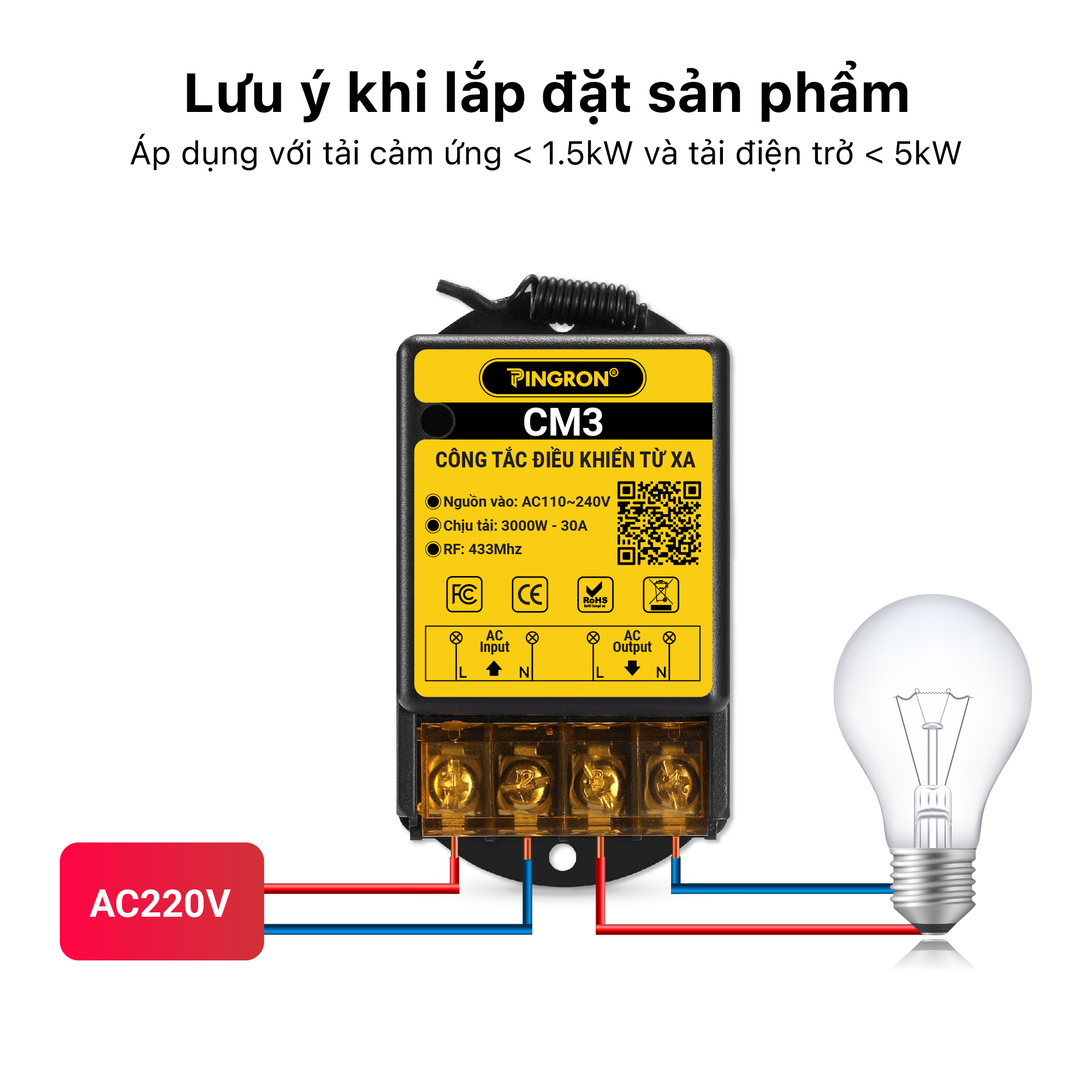 Công tắc điều khiển từ xa máy bơm nước 220V PINGRON CM3 - Công suất cao, khoảng cách 100M, điều khiển bằng remote, bảo hành 12 tháng