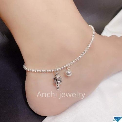 Lắc chân nữ kiểu bi chuông mèo thần tài bạc 925, Anchi jewelry