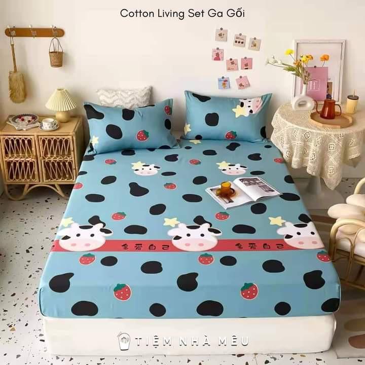 Bộ Ga Gối Cotton Lụa 5D m6/m8/2m - Nhiều Mẫu Tiệm Nhà Mêu Set 3 Món Ga + 2 Vỏ Gối Cotton 100% Siêu Mềm Mịn