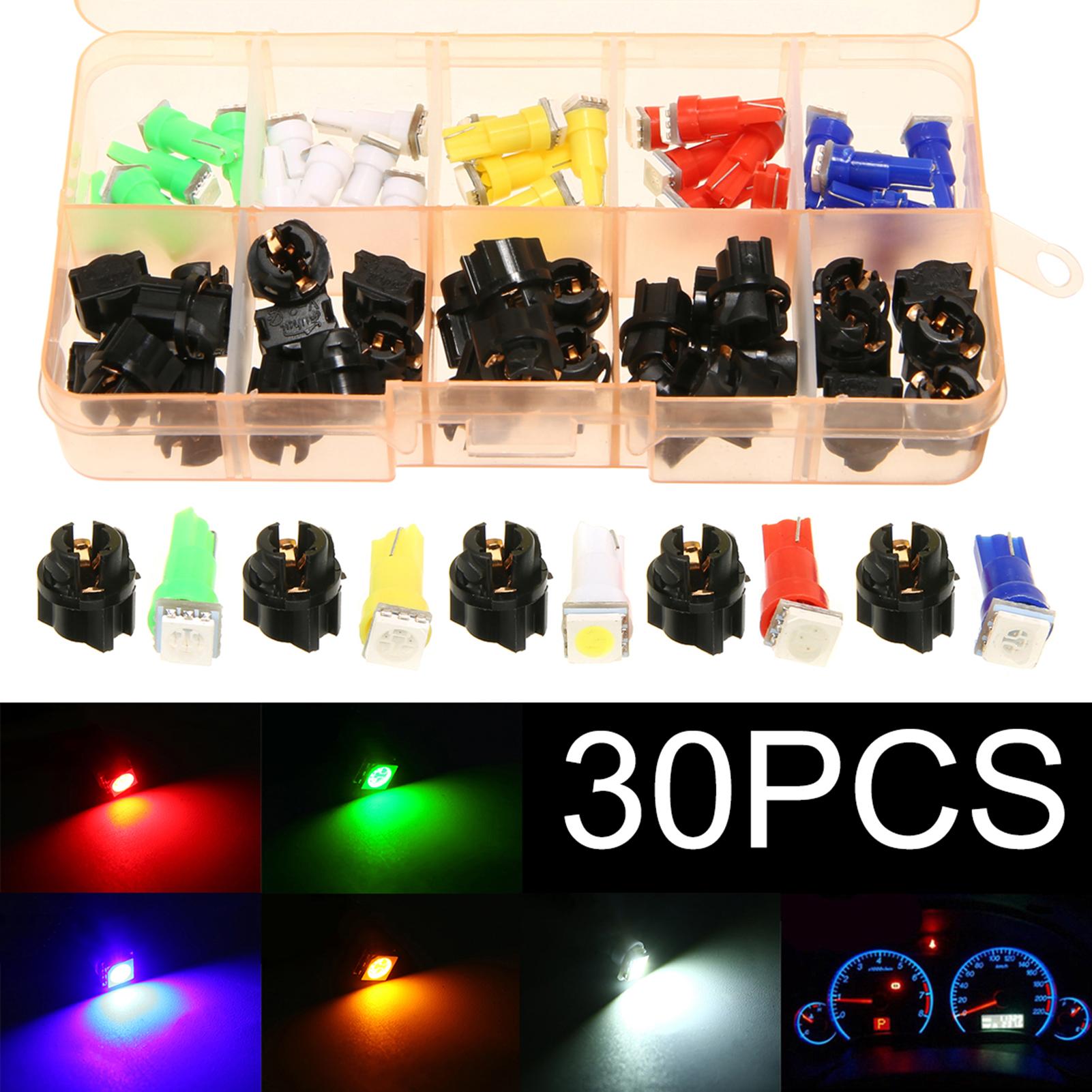 30pcs Car Auto T5 T10 5050 SMD LED Light Bulbs Instrument Panel Dashboard Light Bulbs Lamp 12V 5 Kind Color