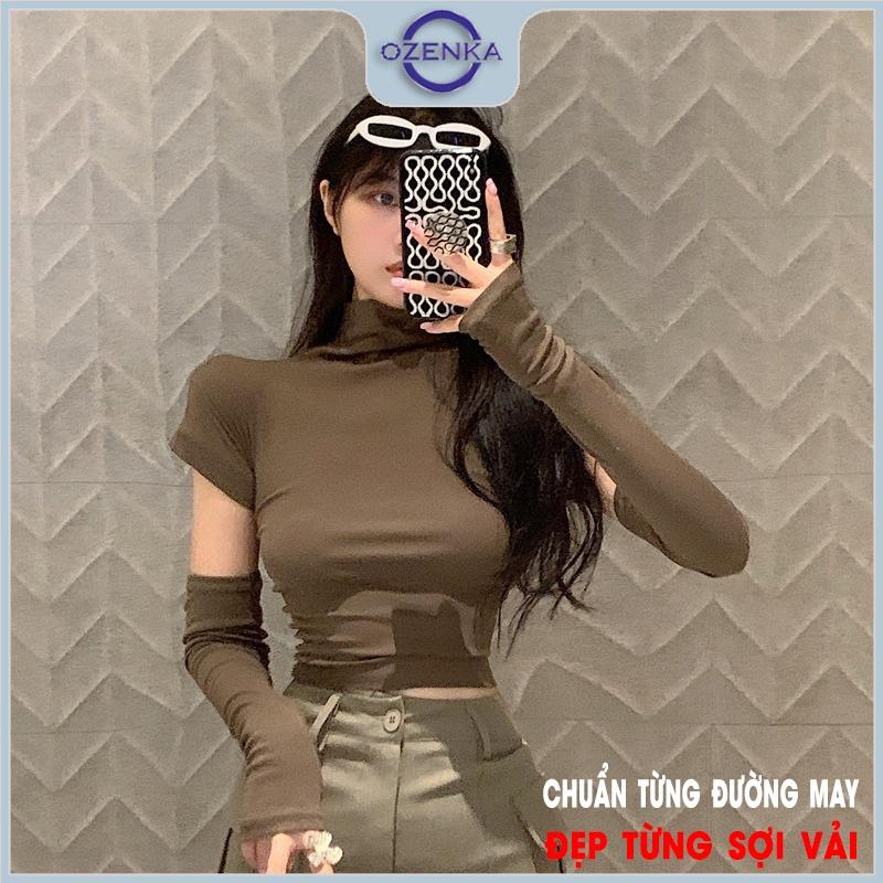 Áo croptop hở lưng cộc tay cổ lọ nữ ozenka , áo crt ôm body thun cotton màu đen trắng dưới 55 cân