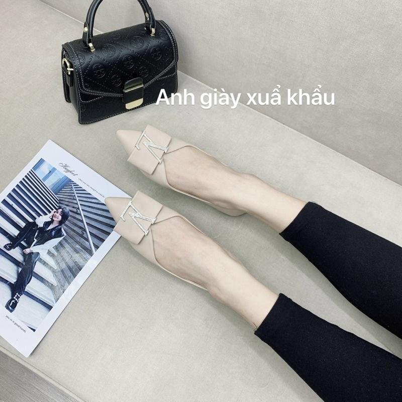 GB07 - Giày búp bê, giày bệt da lì mũi nhọn nơ ngang chữ đá đế mềm dẻo