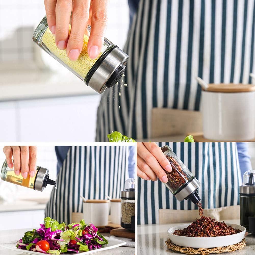 Bộ phân phối dầu và giấm của 6 chai, muối và giữ hạt tiêu bằng thép không gỉ với giá đỡ xoay 360 °